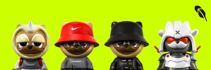 A horizontal banner displaying four stylized, chibi-like character figures against a bright green background, each wearing a distinct hat: a rhinoceros hood, a red Nike bucket hat, a black bucket hat, and a white horned helmet with red eyes.