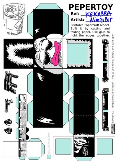A printable papercraft template titled "PEPERTOY" featuring various black and white designs including a tongue-out face, guns, and other elements by artist Nimtobit.