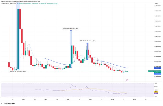 A TradingView chart for SHIB / TetherUS on Binance, showing candlestick price action from 2021 with a notable spike in late 2024 to around 0.00005989.