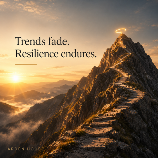 A mountain landscape with a stone path and the text 'Trends fade. Resilience endures.' by Arden House.