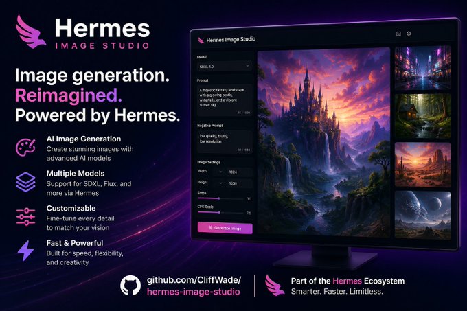 A promotional image for "Hermes Image Studio" advertising AI image generation with SDXL, Flux, and other models, featuring a fantasy castle landscape on the screen, and a GitHub link "github.com/CliffWade/hermes-image-studio."