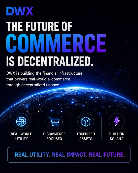 Promotional graphic for DWX declaring 'THE FUTURE OF COMMERCE IS DECENTRALIZED,' highlighting features like 'REAL-WORLD UTILITY,' 'E-COMMERCE FOCUSED,' 'TOKENIZED ASSETS,' and 'BUILT ON SOLANA,' with the tagline 'REAL UTILITY. REAL IMPACT. REAL FUTURE.'