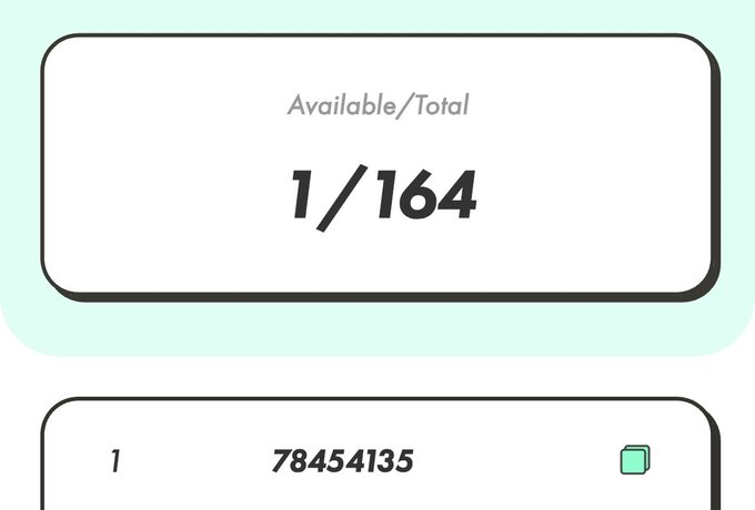 A digital interface shows an 'Available/Total' ratio of '1/164' above a partially visible entry numbered '1' with the value '78454135' and a small green status icon.