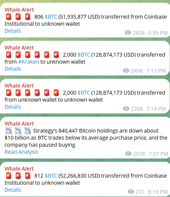 A series of 'Whale Alert' notifications showing large Bitcoin (BTC) transactions, including 806 BTC transferred from Coinbase Institutional to unknown wallet, 2,000 BTC transferred from Kraken, and an alert about Strategy's 840,447 Bitcoin holdings being down about $10 billion.