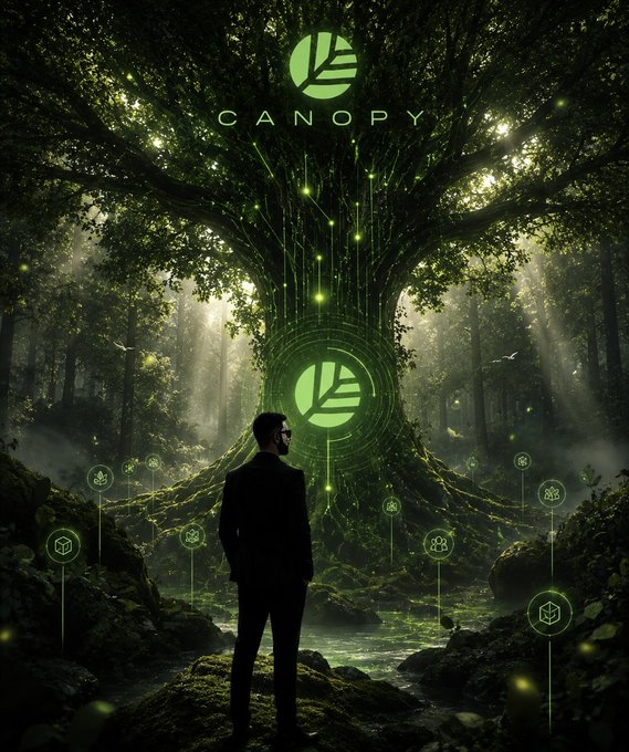 A digital artwork featuring a man in a suit standing before a large, mystical tree with the word 'CANOPY' and a leaf logo above it, surrounded by floating blockchain and atom icons in a glowing green forest.