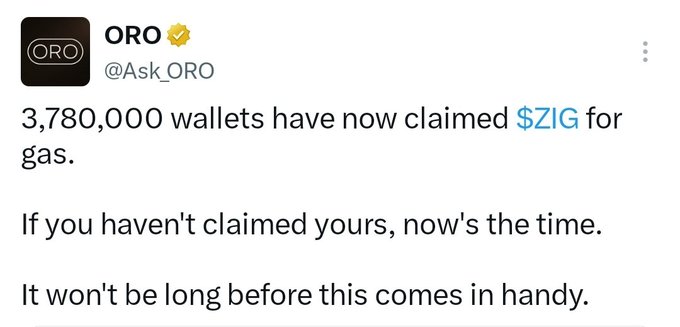The image is a tweet from ORO (@Ask_ORO) announcing that 3,780,000 wallets have claimed $ZIG for gas, urging those who haven't yet claimed to do so soon. It aligns with the accompanying post by reinforcing the urgency of the $ZIG gas claim promotion with the airdrop.askoro.ai link.