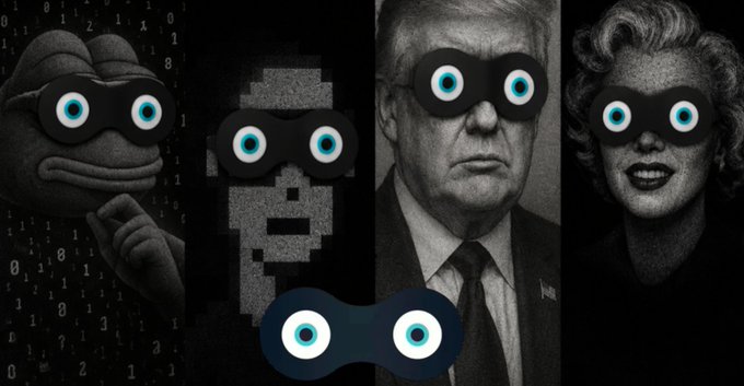 A dark promotional graphic featuring four figures—Kermit the Frog, a pixelated face, George W. Bush, and Marilyn Monroe—all with their eyes replaced by a glowing blue double-eye logo.