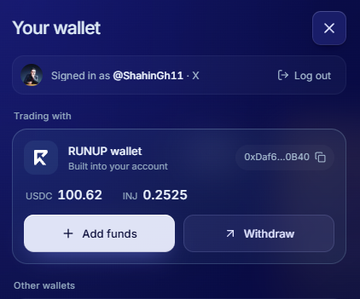 A digital wallet interface showing a RUNUP wallet logged in as @ShahinGh11, displaying balances of 100.62 USDC and 0.2525 INJ, with options to add funds or withdraw.