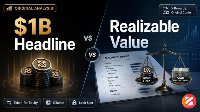 A financial comparison graphic titled '$1B Headline vs Realizable Value' with gold coins on the left and a balance scale over a balance sheet on the right, featuring tags like 'Token-for-Equity', 'Dilution', and 'Lock-Ups'.