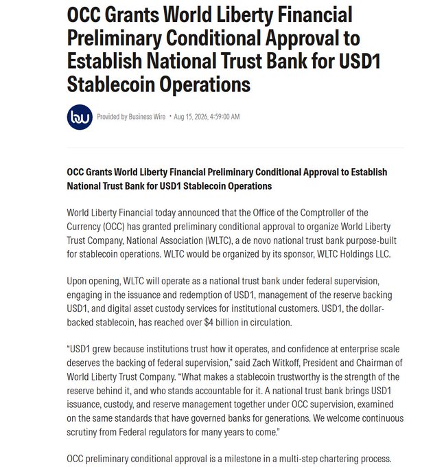 A Business Wire press release dated August 15, 2026, titled "OCC Grants World Liberty Financial Preliminary Conditional Approval to Establish National Trust Bank for USD1 Stablecoin Operations," announcing that World Liberty Financial received preliminary OCC approval to launch WLTC, a national trust bank for issuing USD1 (a stablecoin with over $4 billion in circulation), featuring commentary from President Zach Witkoff. The article aligns with the post's highlight of this milestone for WLFI and notes its significance alongside Anchorage's 2021 OCC approval as one of very few federally chartered trust banks for crypto operations.