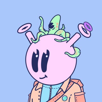 A digital illustration of a cute pink character with large black eyes and a small smile, wearing an orange jacket and a blue shirt, with green plant-like growths sprouting from the top of its head against a blue background.