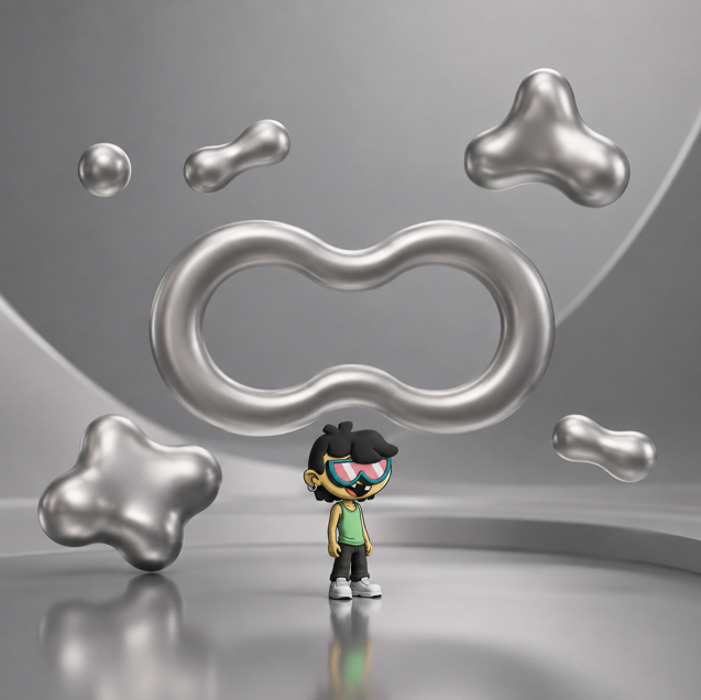 A cartoon character wearing goggles stands amid floating metallic blob shapes against a silver background, symbolizing the streamlining of data flow through Optimüm's RLNC-based mump2p technology, which reduces redundant blockchain transactions.