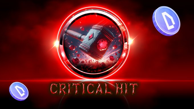 The image features a dramatic game-style "CRITICAL HIT" graphic, showcasing a glowing red circular frame around a hammer striking a red gem, surrounded by shattering crystals and dynamic red lighting effects. Two purple coin icons with the World of Dypians "D" symbol flank the scene, reinforcing the post's call to Genesis Land holders to engage with the Critical Hit feature daily to earn leaderboard points.