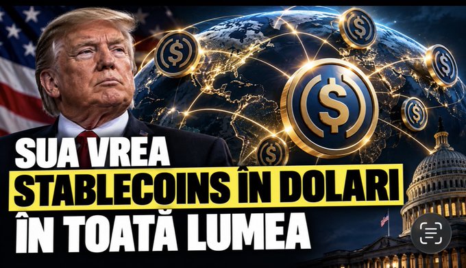 A news-style thumbnail shows Donald Trump in front of an American flag with the text 'SUA VREA STABLECOINS ÎN DOLARI ÎN TOATĂ LUMEA' alongside imagery of a globe with dollar signs and the US Capitol.