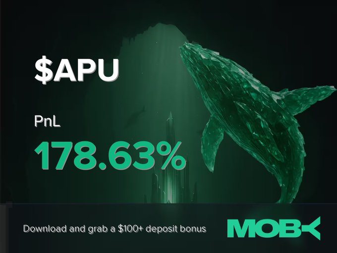 A promotional graphic from Moby Mobile celebrating a trader's $APU win, displaying a PnL of 178.63% alongside a green whale underwater illustration, with a call-to-action offering a $100+ deposit bonus.