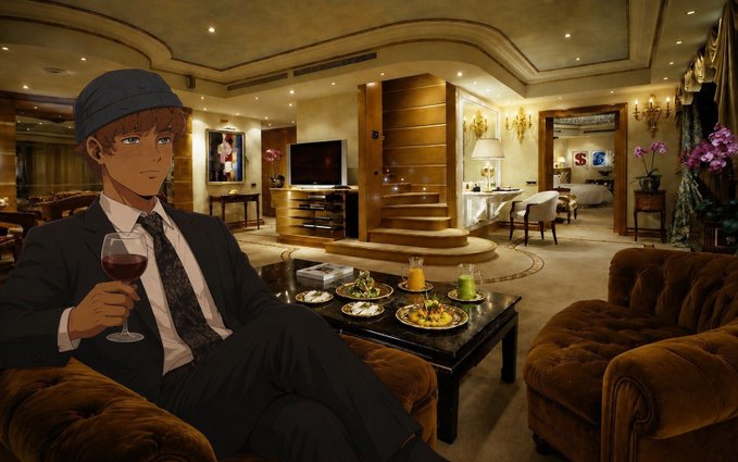 An anime-style character in a suit and cap holding a glass of red wine, seated in an opulent hotel room or lounge with food and drinks on the table.