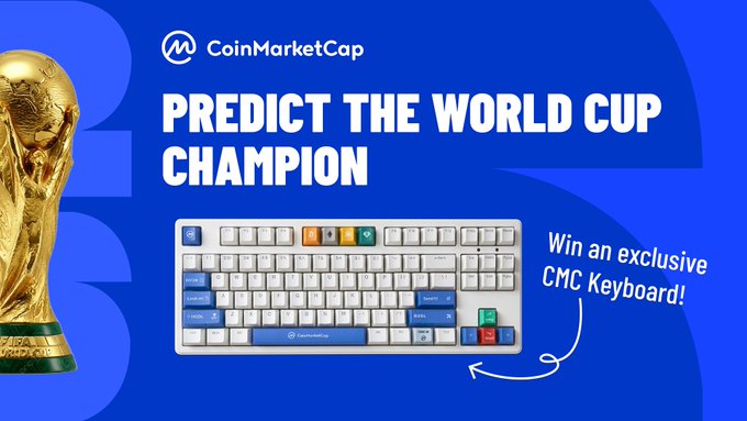 A CoinMarketCap promotional graphic featuring the FIFA World Cup trophy and keyboard, encouraging users to 'Predict the World Cup Champion' to 'Win an exclusive CMC Keyboard!'.