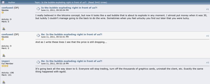 The image shows three posts about BitcoinTalk. One post contains text with various numbers, symbols, and words written by someone named Tim. Another post appears to have an error message or incorrect information. The third post shares a screenshot of a website related to Bitcoin called MtGox. Some phrases in the images include "is this bubbles popping right in front of us?", "It's bubble burst time!", and "Is this bubble going crazy?"