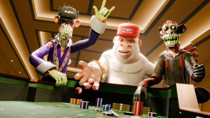 The image features a group of cartoon characters, including three men and one gorilla, sitting around a table with various objects such as a deck of cards and a poker pot. The characters are engaged in a game or activity that involves playing cards, which is likely a part of a video game or a tabletop roleplaying game (RTG). The post seems to be promoting an online gaming platform called GM fam!, where players can interact with cartoon characters from various sources like albarra.world and @lokie_labs.