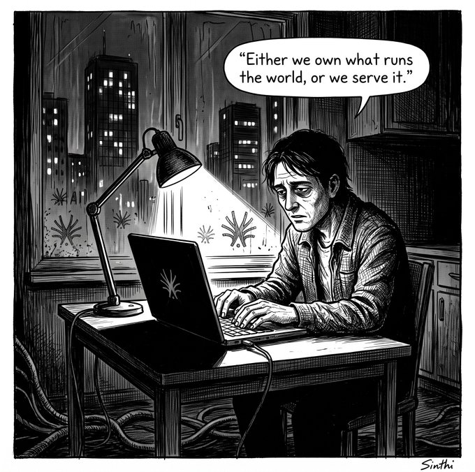 A black-and-white comic-style illustration by 'Sinthi' showing a tired man working on a laptop at a desk by a window, with a speech bubble reading, 'Either we own what runs the world, or we serve it.'
