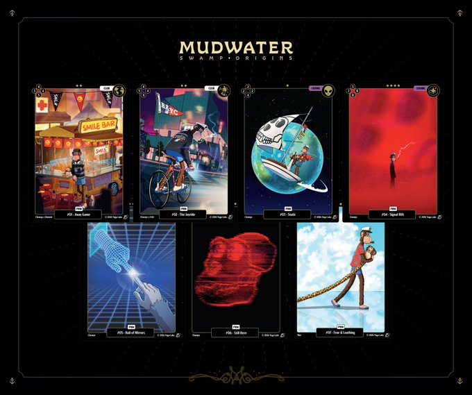 A promotional display for “MUDWATER: SWAMP ORIGINS” shows seven collectible cards arranged in two rows, matching the post’s description of Mudwater First Pull packs for ApeFest attendees. The cards include labeled variants such as “FNS - Yodel,” “FNS - Run N Gun,” “FNS - Again,” “FNS - Signal BMS,” “FNS - Hall of Mirrors,” “FNS - Skull Mine,” and “FNS - Fear & Enduring.”