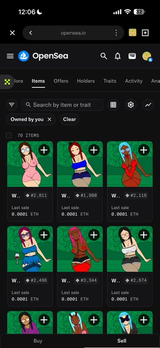 This screenshot shows a user's collection of 70 NFTs on OpenSea, featuring various cartoon "waifu" characters. The post implies the user acquired these NFTs, possibly the entire collection, for their artistic value.
