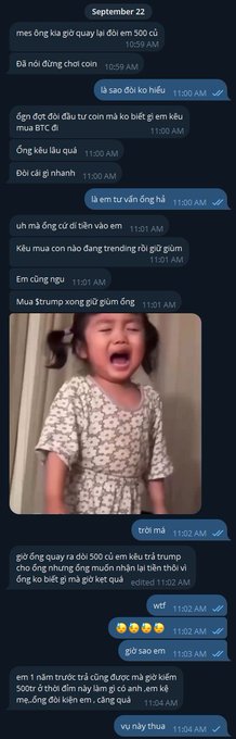 A Vietnamese Telegram chat screenshot dated September 22 featuring blue message bubbles discussing cryptocurrency investments in BTC and mentioning amounts like 500 cây (500 million VND), along with a meme image of a crying child.