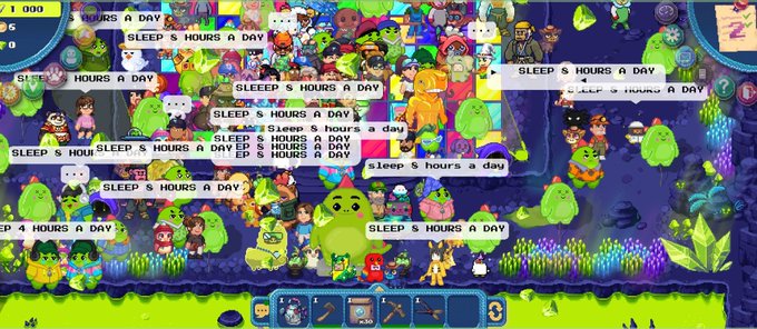 Screenshot from a video game showing numerous cartoon characters crowded together, many with chat bubbles reading 'SLEEP 8 HOURS A DAY' overlaid on the scene.