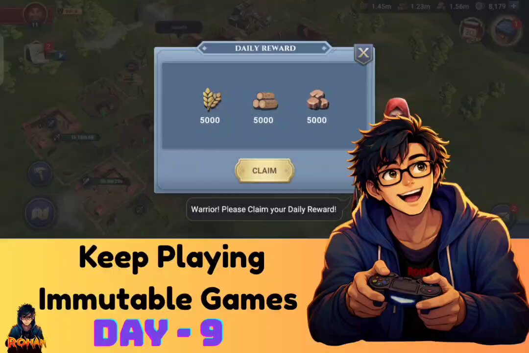 The image shows a man sitting down with a video game controller, likely playing an Immutable games session. The caption below the image reads "Keep playing Immutable games Day - 9 Today I played @MedievalEmpires & upgraded my Town hall Now, I will be on Town hall level 12 after a day now I'm enjoying this @Immutable series more maybe some upgrade in content and a complete rebranding soon". The man is smiling while holding the controller, indicating that he's having fun playing the game.