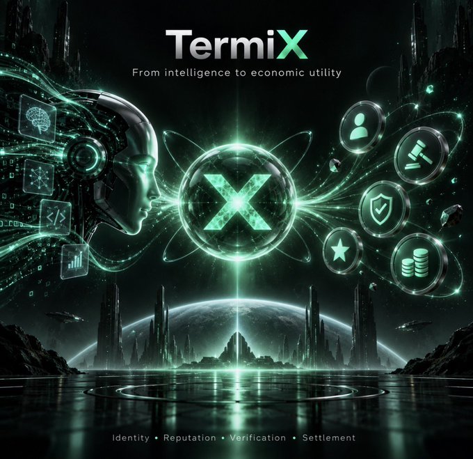 A futuristic promotional graphic for 'TermiX' with the tagline 'From intelligence to economic utility' features a robotic profile, a glowing 'X' orb, and icons representing identity, security, and currency, with bottom text listing 'Identity • Reputation • Verification • Settlement'.