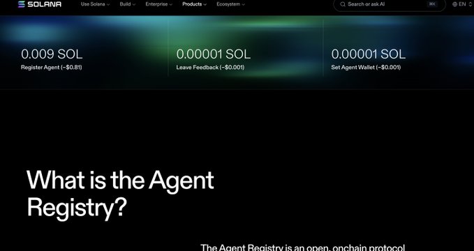 A Solana website screenshot showing pricing details (0.009 SOL to register an agent, 0.00001 SOL for feedback and agent wallet) and the heading 'What is the Agent Registry?'.