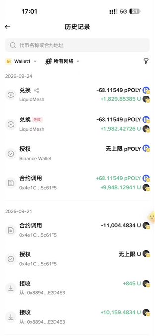 A cryptocurrency transaction history screenshot showing multiple LiquidMesh and 0x4e1C...5c61F5 contract interactions involving pPOLY and U tokens, with notable transactions including a -68.11549 pPOLY exchange and +9,948.12941 U contract call dated 2026-09-24. The history suggests the user was actively trading around significant price movements, implying some success in timing sales near the 9000 range mentioned in the post.