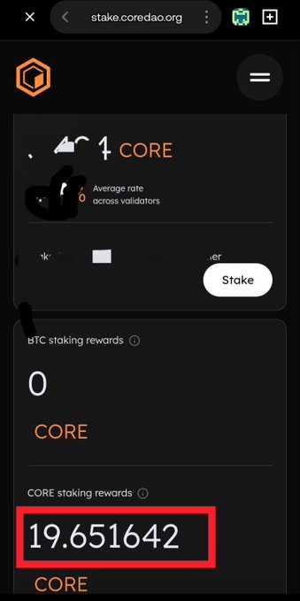 A screenshot from stake.coredao.org shows BTC staking rewards of 0 CORE and CORE staking rewards of 19.651642 CORE (highlighted in red), visually confirming the user's claim of earning 19 $CORE in staking rewards through the CoreDAO ecosystem.
