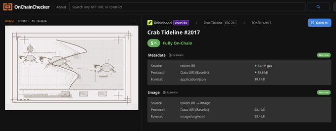 An OnChainChecker webpage displaying details for the NFT 'Crab Tideline #2017' by Robinhood, showing a '5+ Fully On-Chain' rating and metadata for a tokenURI.