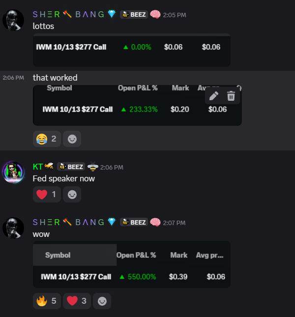 A Discord chat screenshot showing users 'SHER BANG' and 'KT' discussing stock options, with 'IWM 10/13 $277 Call' showing significant percentage gains.