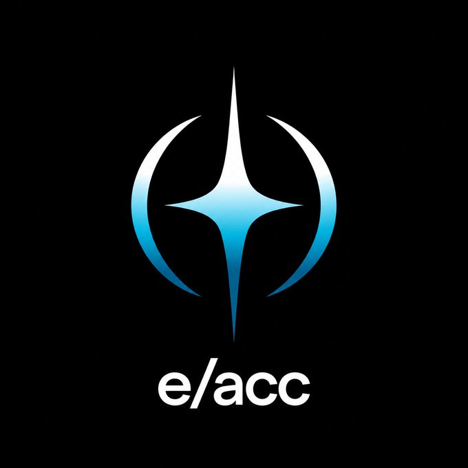 A stylized cyan-and-white four-point star emblem appears on a black background above the text “e/acc.” The logo visually reinforces the post’s optimistic “e/acc” theme that the named accounts and the broader ecosystem—and “YOU”—will win.