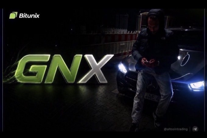 A nighttime promotional image showing a person standing beside a dark car with large green "GNX" text on the left, a "Bitunix" logo in the top-left corner, and "@altcointrading" watermark in the bottom-right.