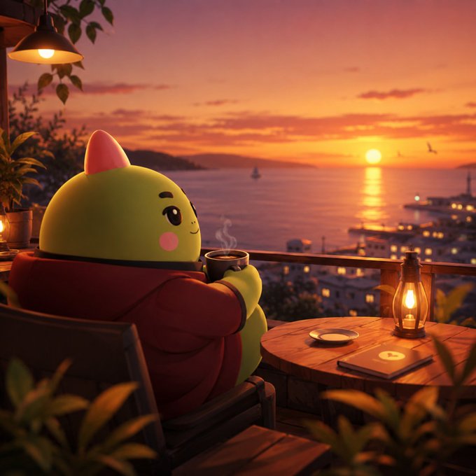 A 3D-rendered scene of a green, cute creature in a red jacket sitting at a seaside table during sunset, holding a steaming cup of coffee.