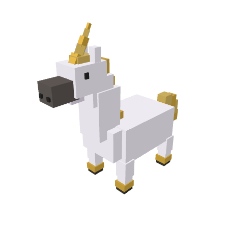 A blocky, pixelated white unicorn with a golden horn, mane, tail, and hooves is depicted in an isometric 3D style. The image represents the in-game "Unicorn Mount" item that was sold on the Kintara marketplace for $250.00.