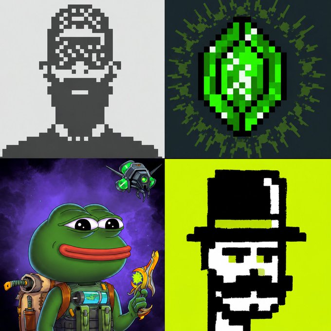 A four-panel collage featuring pixel art of a monkey, a green gem, a cartoon Pepe the Frog character in space gear with a drone, and a pixel art figure in a hat.