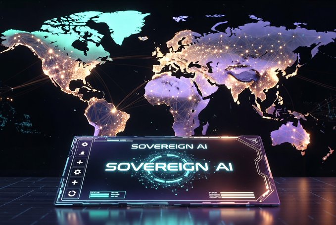 Futuristic digital illustration of a glowing world map above a holographic interface labeled 'SOVEREIGN AI'.
