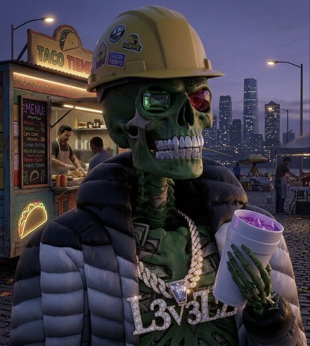 A 3D-rendered character with a green skull face wearing a Taco Tiempo construction helmet, holding a purple drink, with diamond chains, in front of a taco stand and city skyline at night.