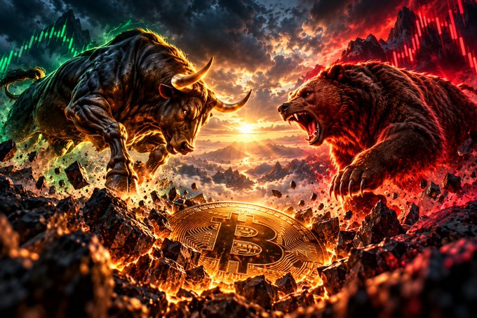 A dramatic digital illustration showing a charging bull on the left and a roaring bear on the right clashing above a glowing Bitcoin coin amid fiery destruction.