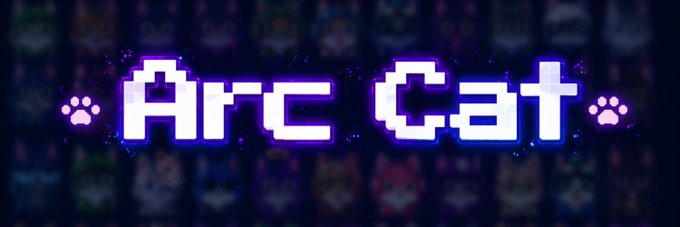 A neon pixel-art style logo reads 'Arc Cat' in glowing blue and purple, flanked by pink paw prints against a blurred, colorful background.