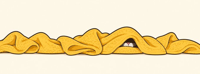 An illustration showing a small cat with white and gray fur and pink nose peeking out from under a pile of yellow blankets or noodles on a cream background.