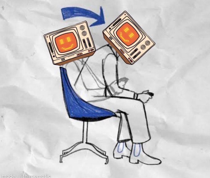 A stylized drawing of a person seated in a blue chair with a smiley-face television for a head, with an arrow indicating the TV head can be swapped or rotated.
