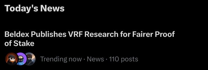 A news card titled 'Today's News' announcing that 'Beldex Publishes VRF Research for Fairer Proof of Stake,' labeled as 'Trending now · News · 110 posts' with three avatar icons.