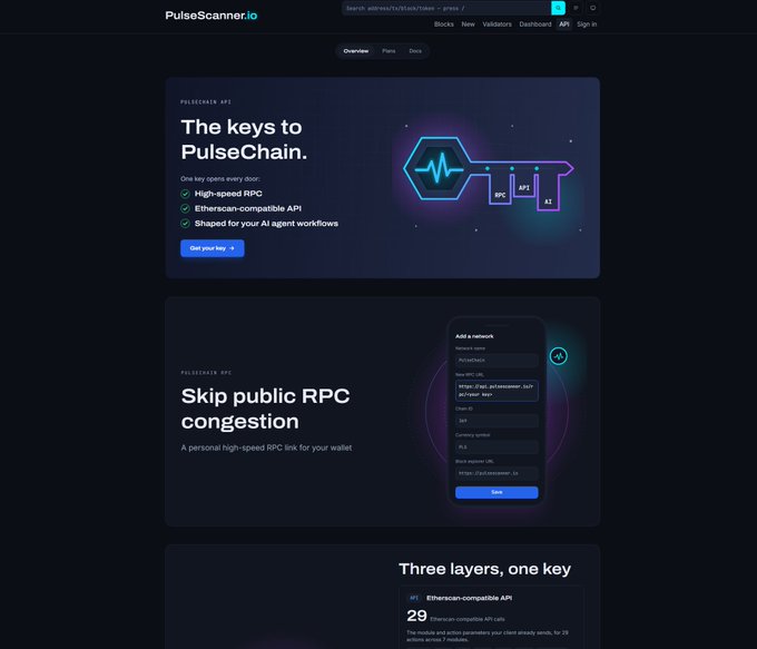 The PulseScanner.io website homepage promoting PulseChain services, highlighting 'The keys to PulseChain' with a high-speed RPC, and a 'Skip public RPC congestion' personal link feature.