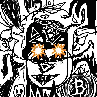 A chaotic black-and-white cartoon illustration featuring various characters and a Bitcoin logo with orange explosion-like eyes.
