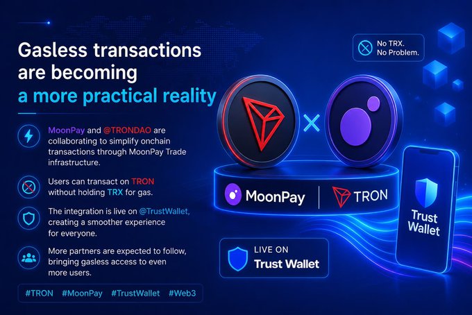 A promotional graphic announcing 'Gasless transactions are becoming a more practical reality' through a collaboration between MoonPay and TRONDAO, now live on Trust Wallet.